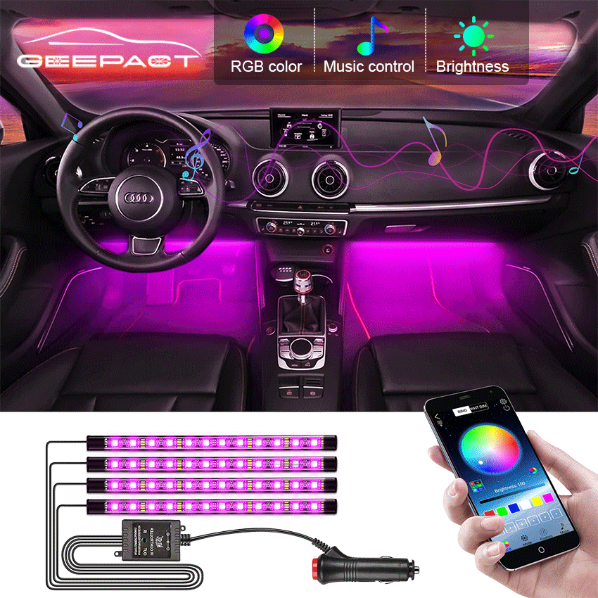 Car RGB Atmosphere Light, Car Interior Foot Light - 4 pcs